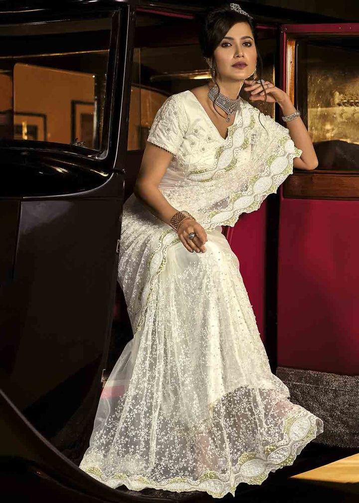 Pearl White Designer Net Saree with Jari, Thread, Diamond & Moti work: Top Pick