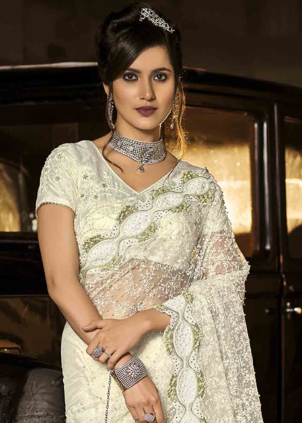 Pearl White Designer Net Saree with Jari, Thread, Diamond & Moti work: Top Pick