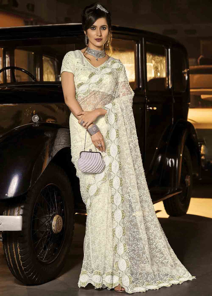 Pearl White Designer Net Saree with Jari, Thread, Diamond & Moti work: Top Pick