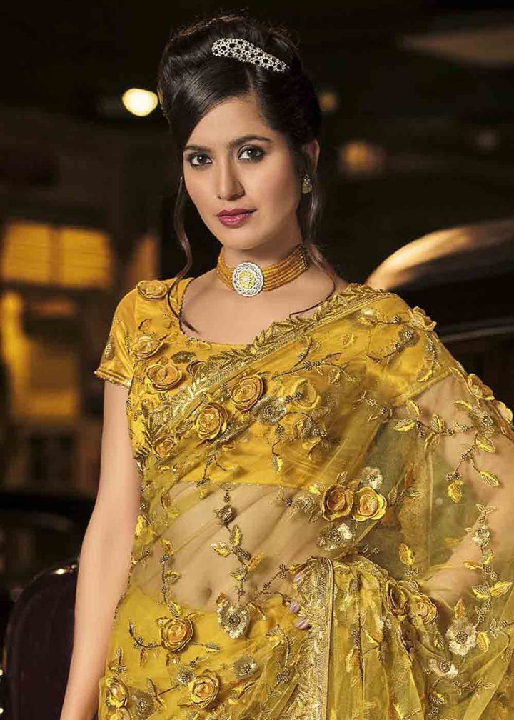 Mustard Yellow Designer Net Saree with Hand Made Flower, Moti & Cut Dana work