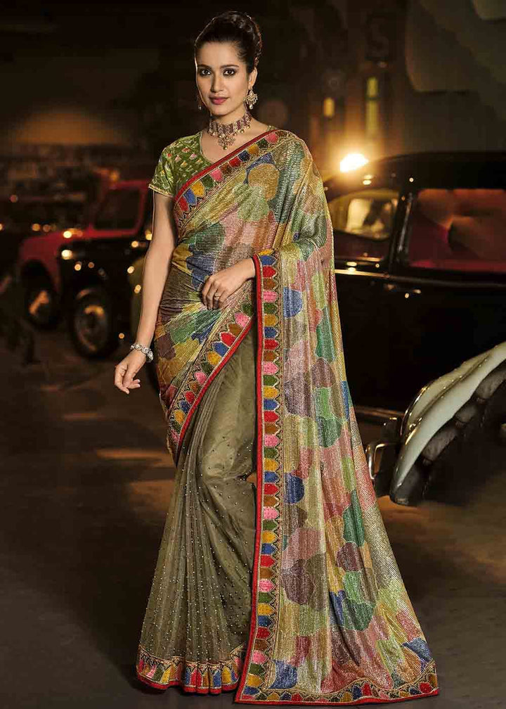 Moss Green Designer Net Saree with Imported Fabric Sequence Pallu, Moti, Thread & Crystal work