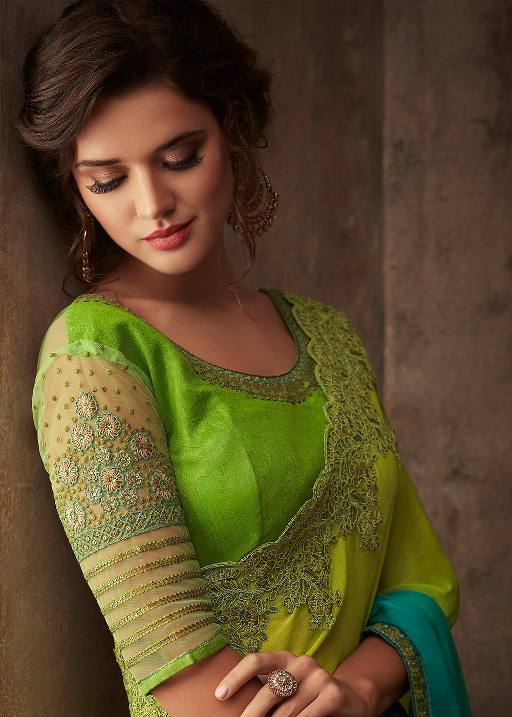 Blue & Green Designer Embroidered Chiffon Silk Saree with Sequence work: Top Pick