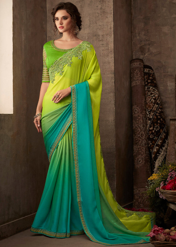 Blue & Green Designer Embroidered Chiffon Silk Saree with Sequence work: Top Pick