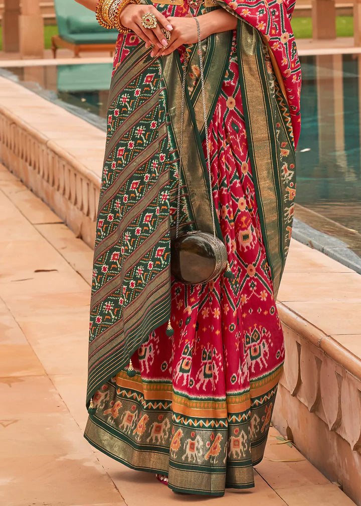 Pink & Green Patola Printed Smooth Silk Saree