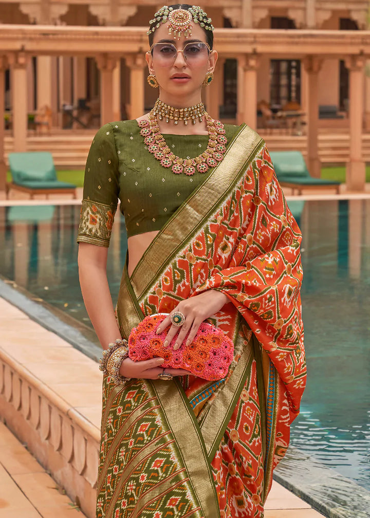 Persimmon Orange Patola Printed Smooth Silk Saree