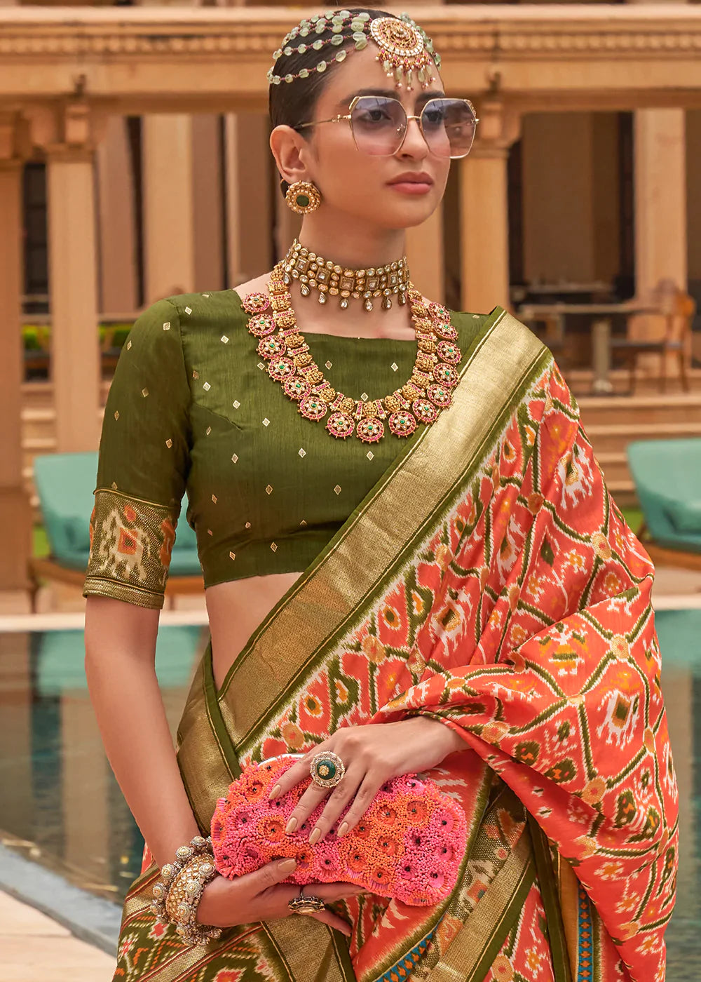 Persimmon Orange Patola Printed Smooth Silk Saree