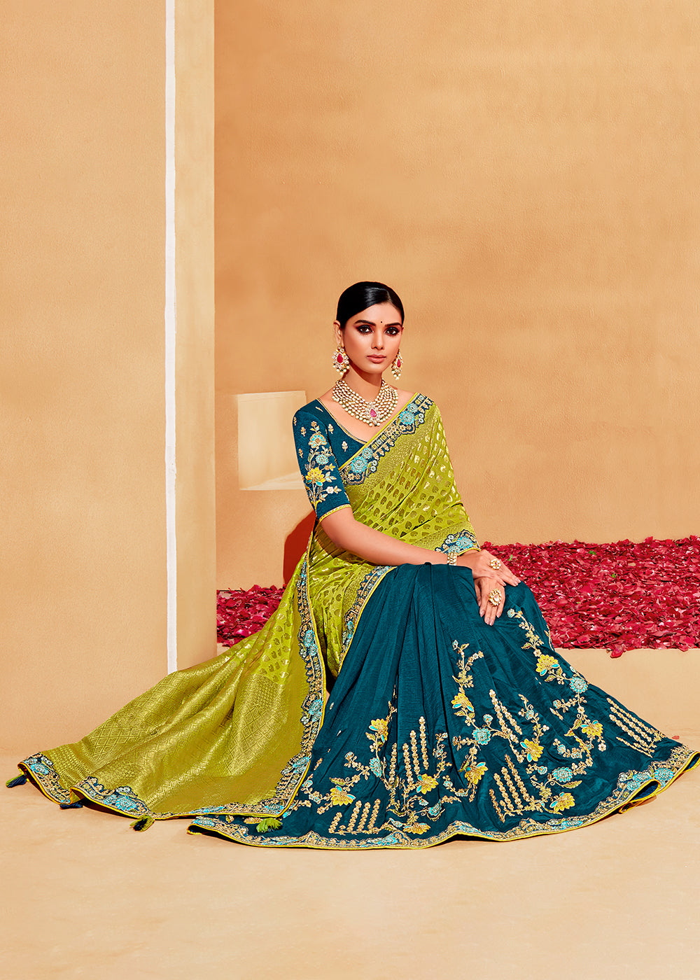 Green & Blue Half N Half Heavy Embroidered Banarasi Silk Saree