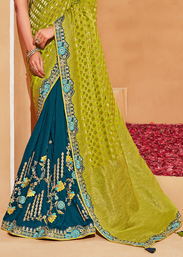 Green & Blue Half N Half Heavy Embroidered Banarasi Silk Saree