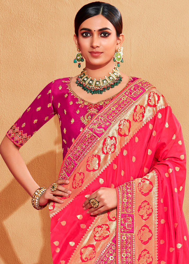 Shades Of Pink Heavy Embroidered Banarasi Silk Saree