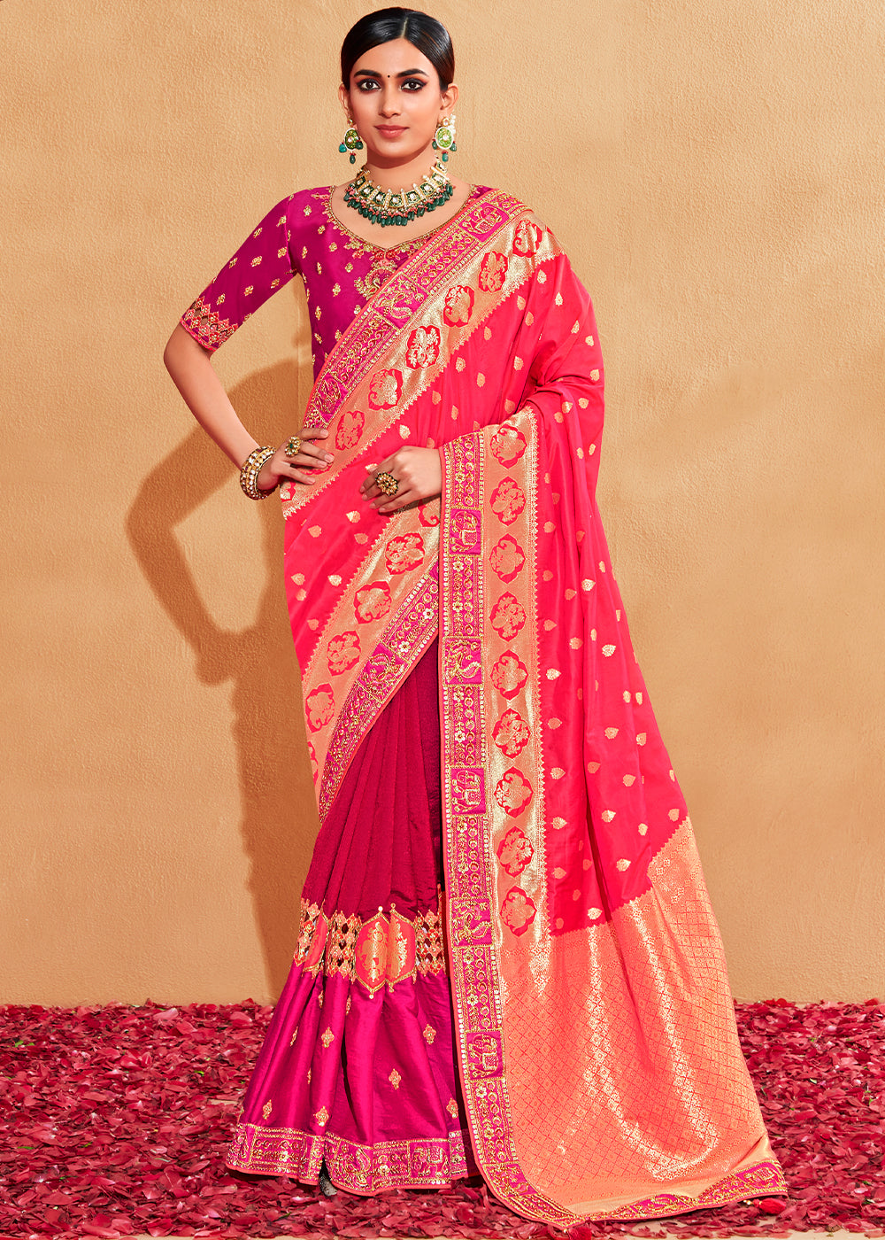 Shades Of Pink Heavy Embroidered Banarasi Silk Saree