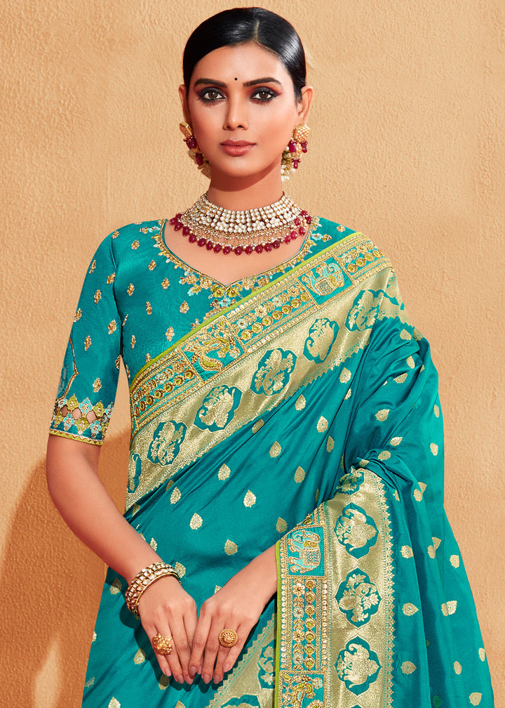 Green & Blue Half N Half  Heavy Embroidered Banarasi Silk Saree