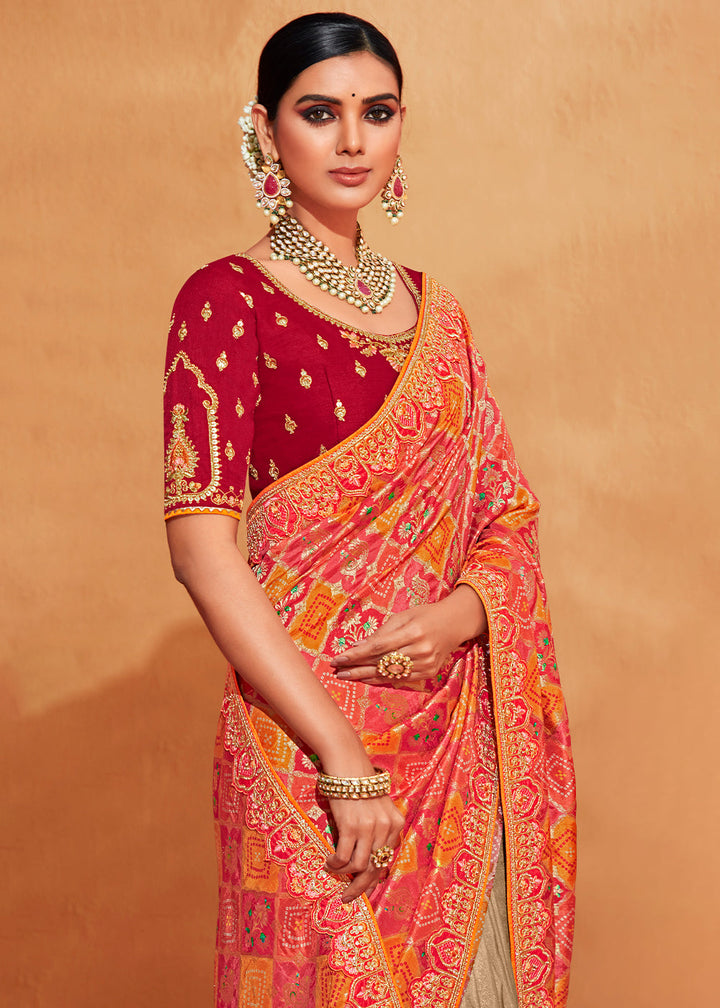 Brown & Red Half N Half Heavy Embroidered Banarasi Silk Saree