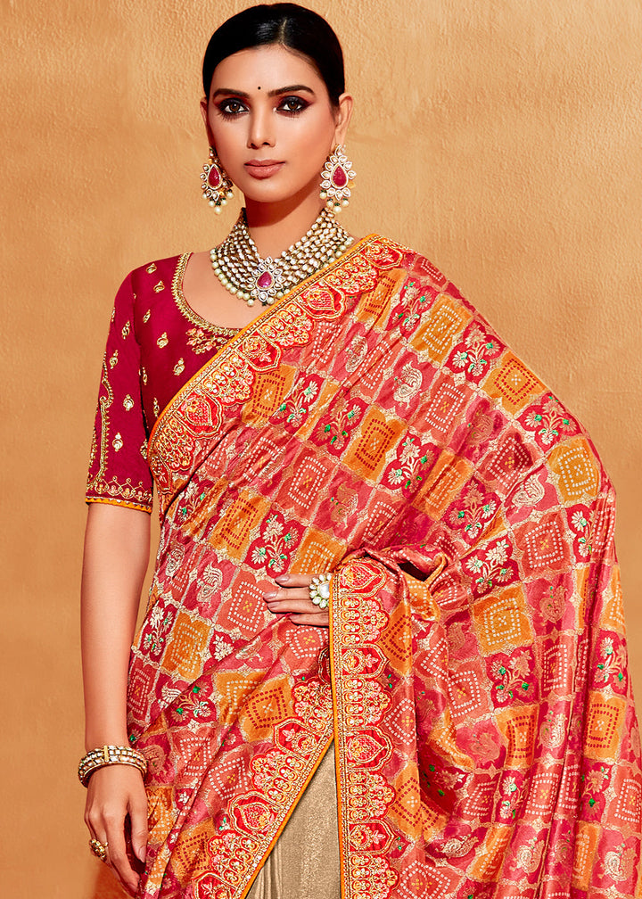 Brown & Red Half N Half Heavy Embroidered Banarasi Silk Saree