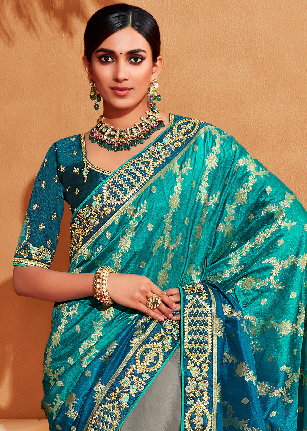 Grey & Blue Half N Half Heavy Embroidered Banarasi Silk Saree