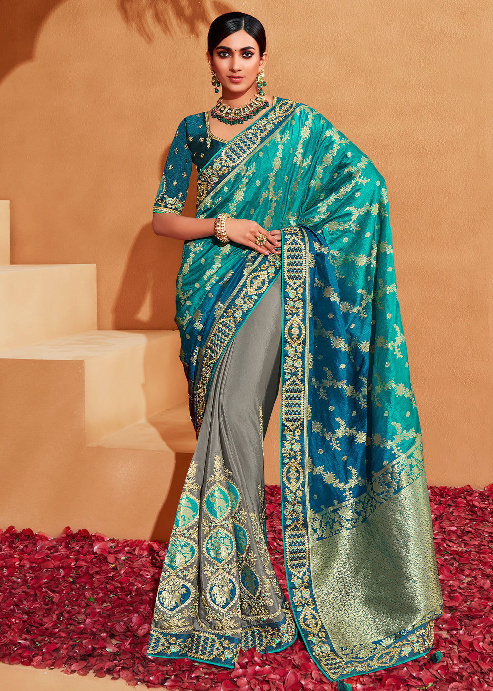 Grey & Blue Half N Half Heavy Embroidered Banarasi Silk Saree