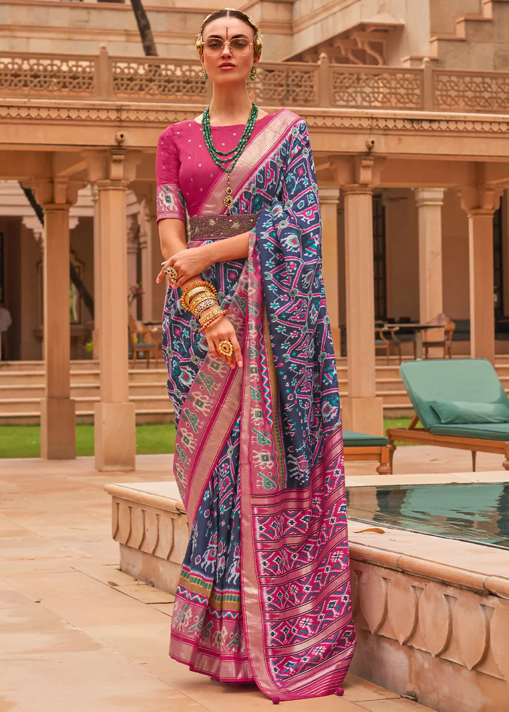 Blue & Pink Patola Printed Smooth Silk Saree