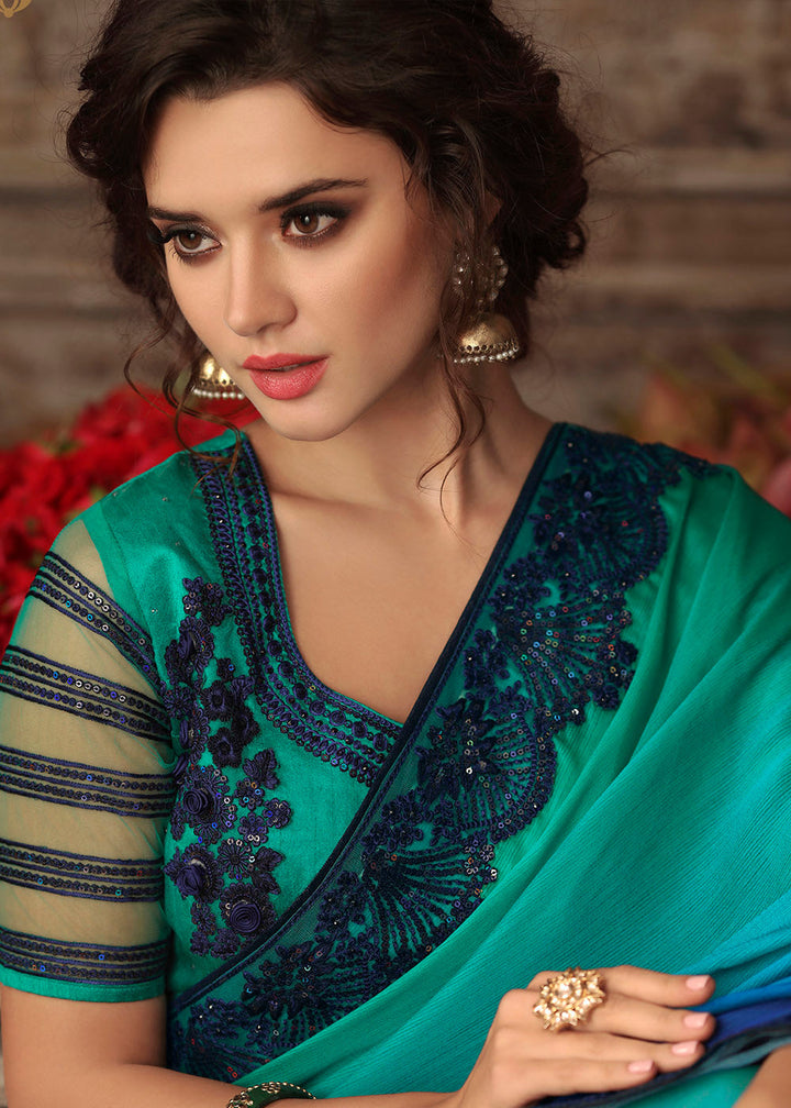 Shades Of Blue Designer Embroidered Silk Saree with Sequence work