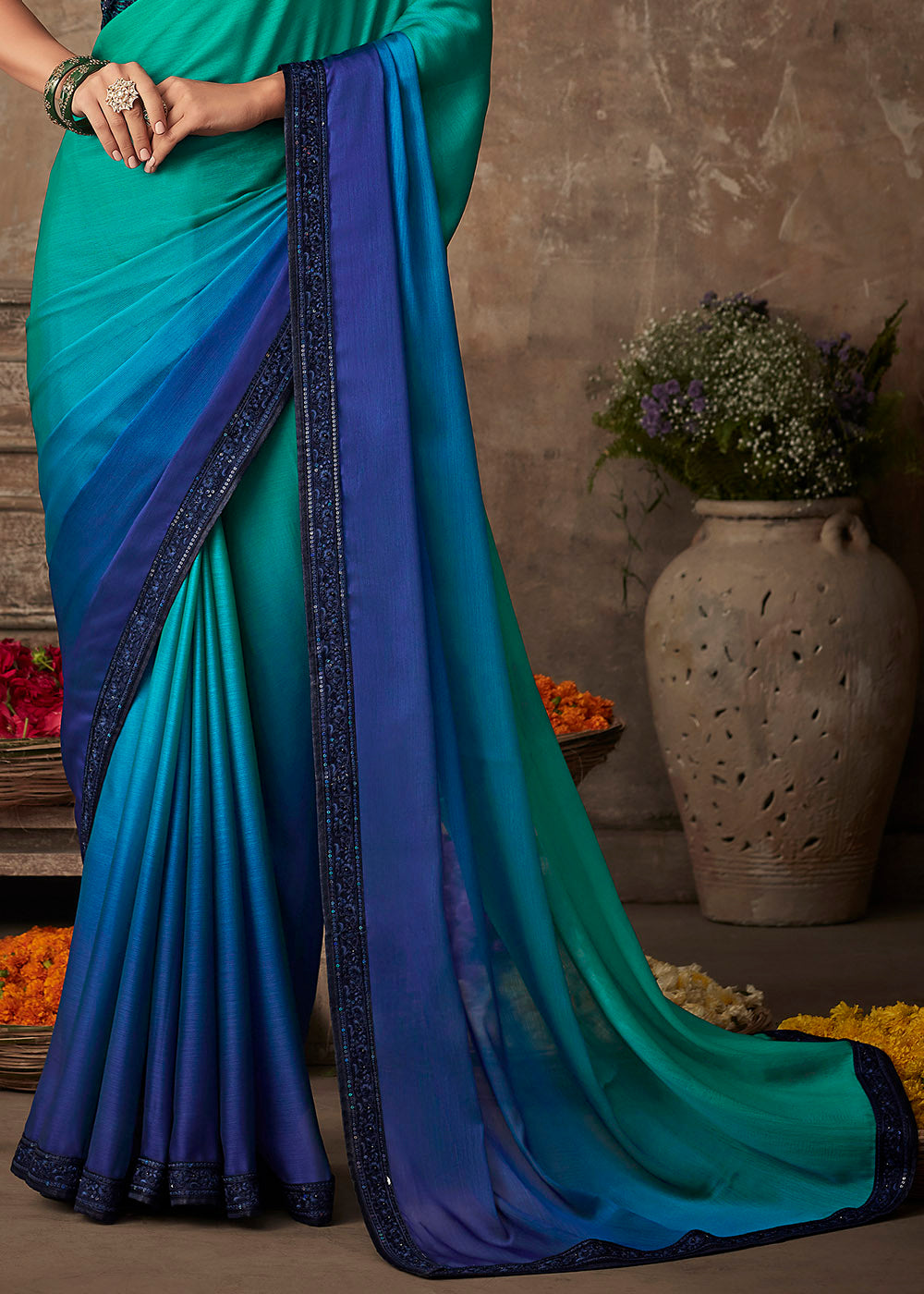 Shades Of Blue Designer Embroidered Silk Saree with Sequence work