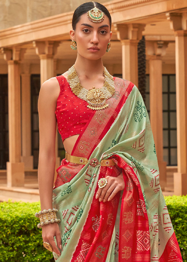 Green & Red Printed Patola Silk Saree with Swaroski Work