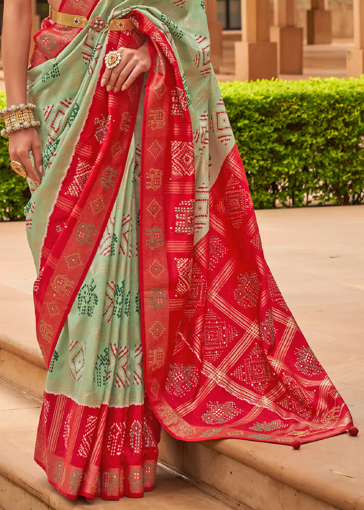 Green & Red Printed Patola Silk Saree with Swaroski Work