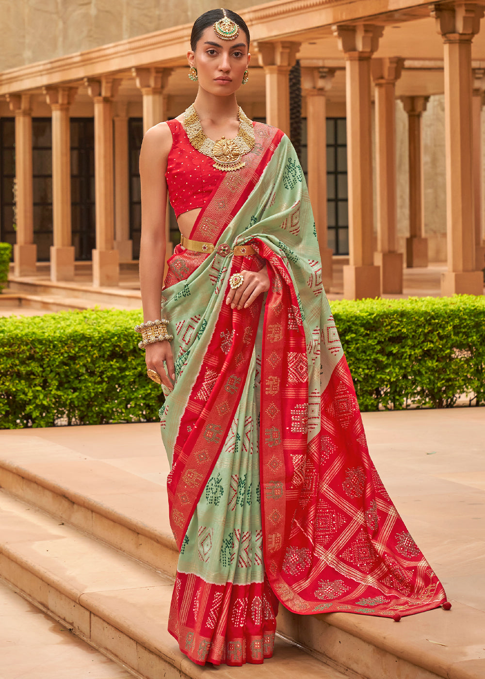 Green & Red Printed Patola Silk Saree with Swaroski Work