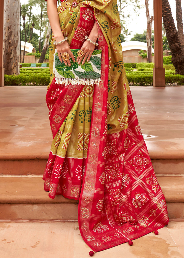 Mustard Yellow Printed Patola Silk Saree with Swaroski Work