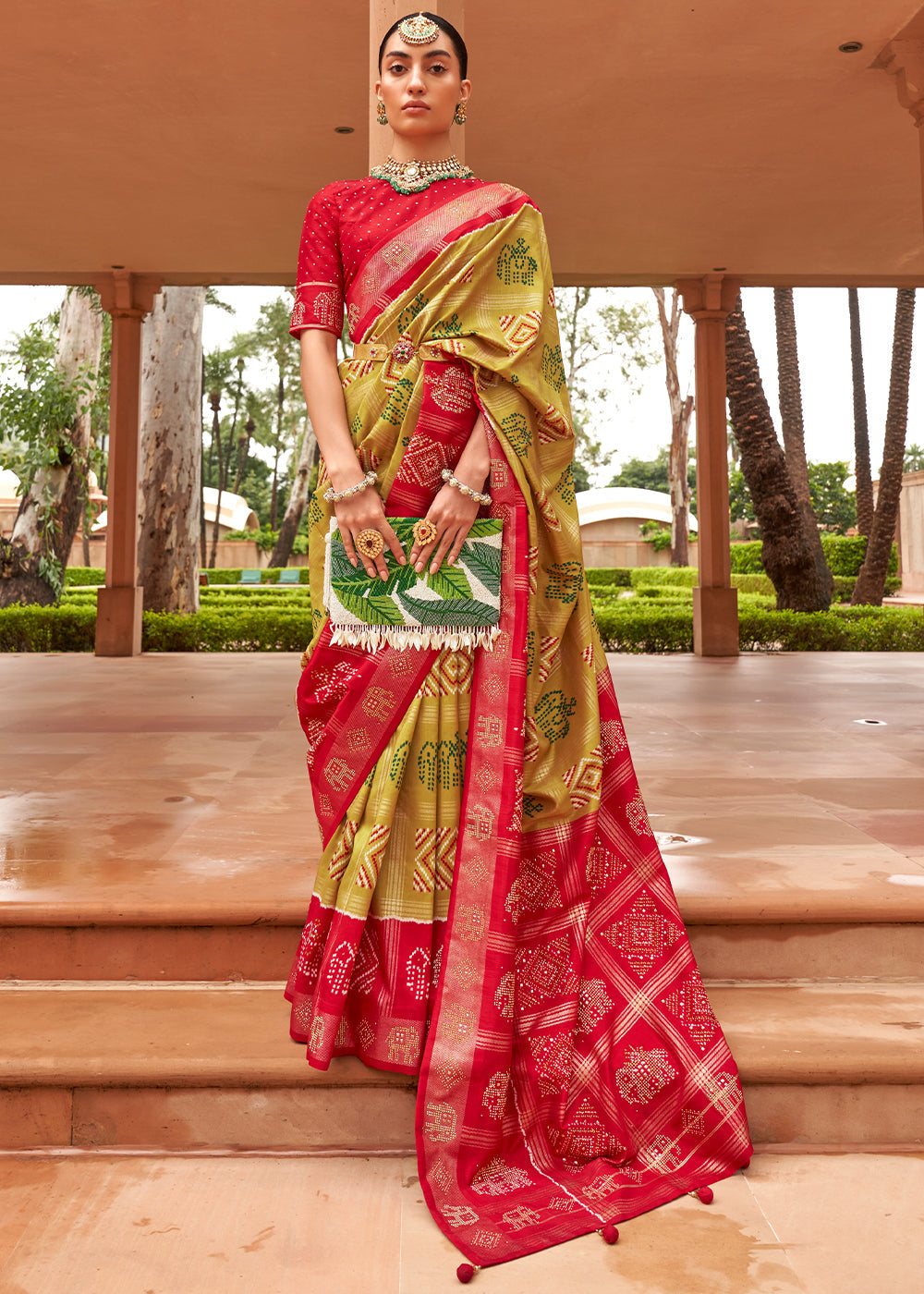 Mustard Yellow Printed Patola Silk Saree with Swaroski Work