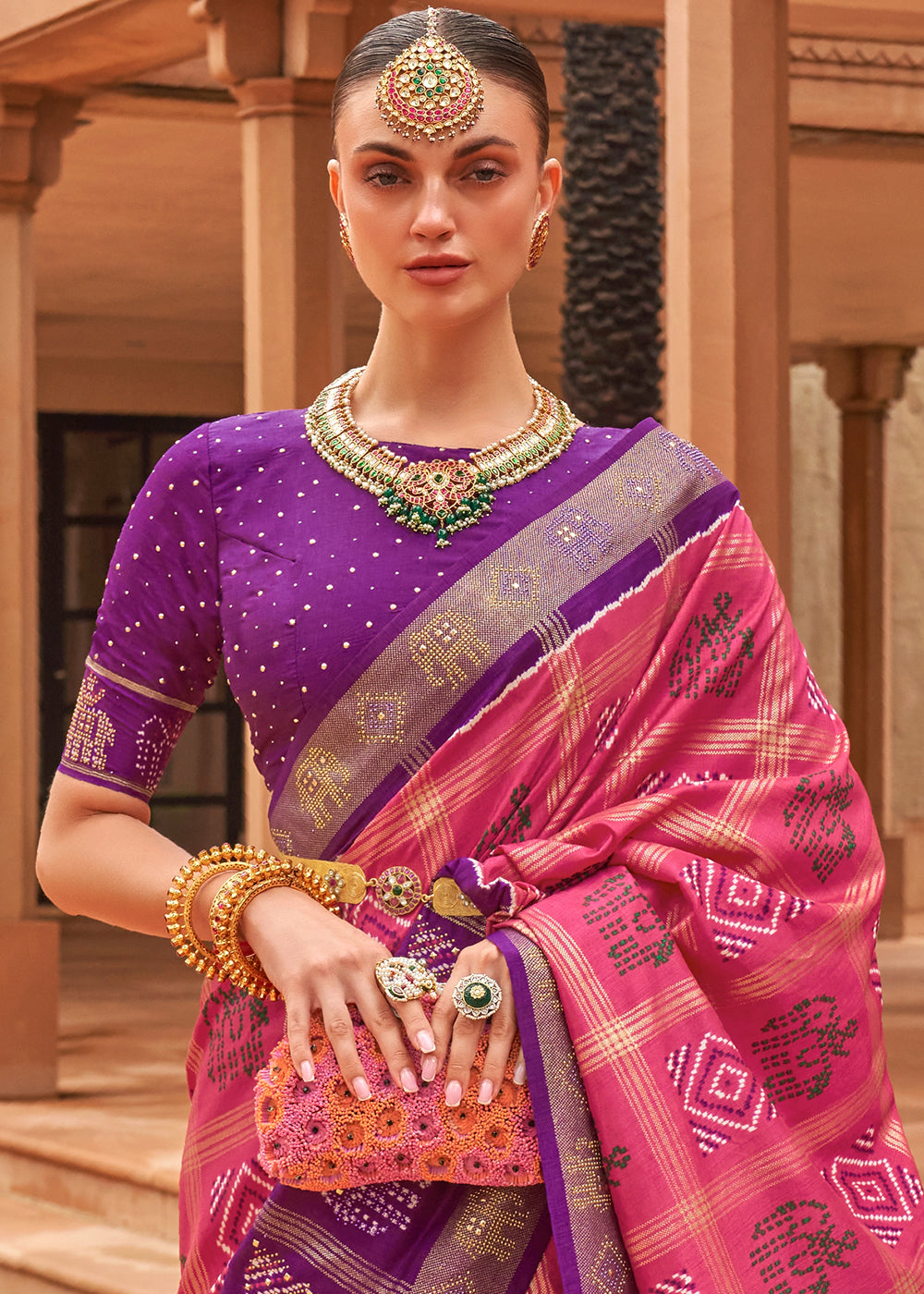 Pink & Purple Printed Patola Silk Saree with Swaroski Work