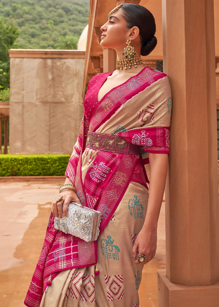 Light Brown & Pink Printed Patola Silk Saree with Swaroski Work