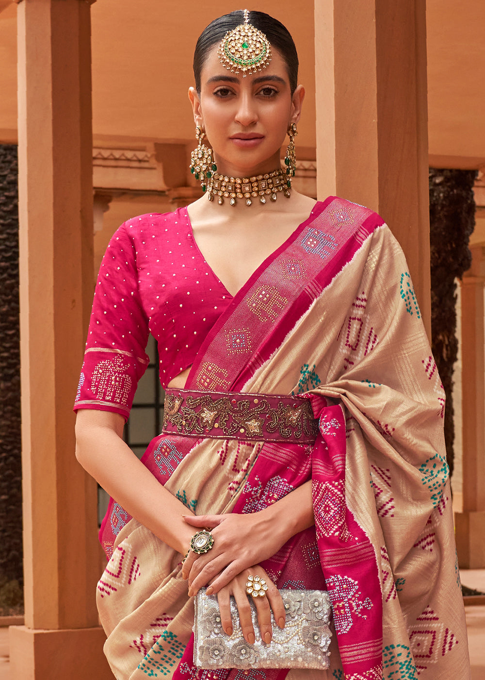 Light Brown & Pink Printed Patola Silk Saree with Swaroski Work