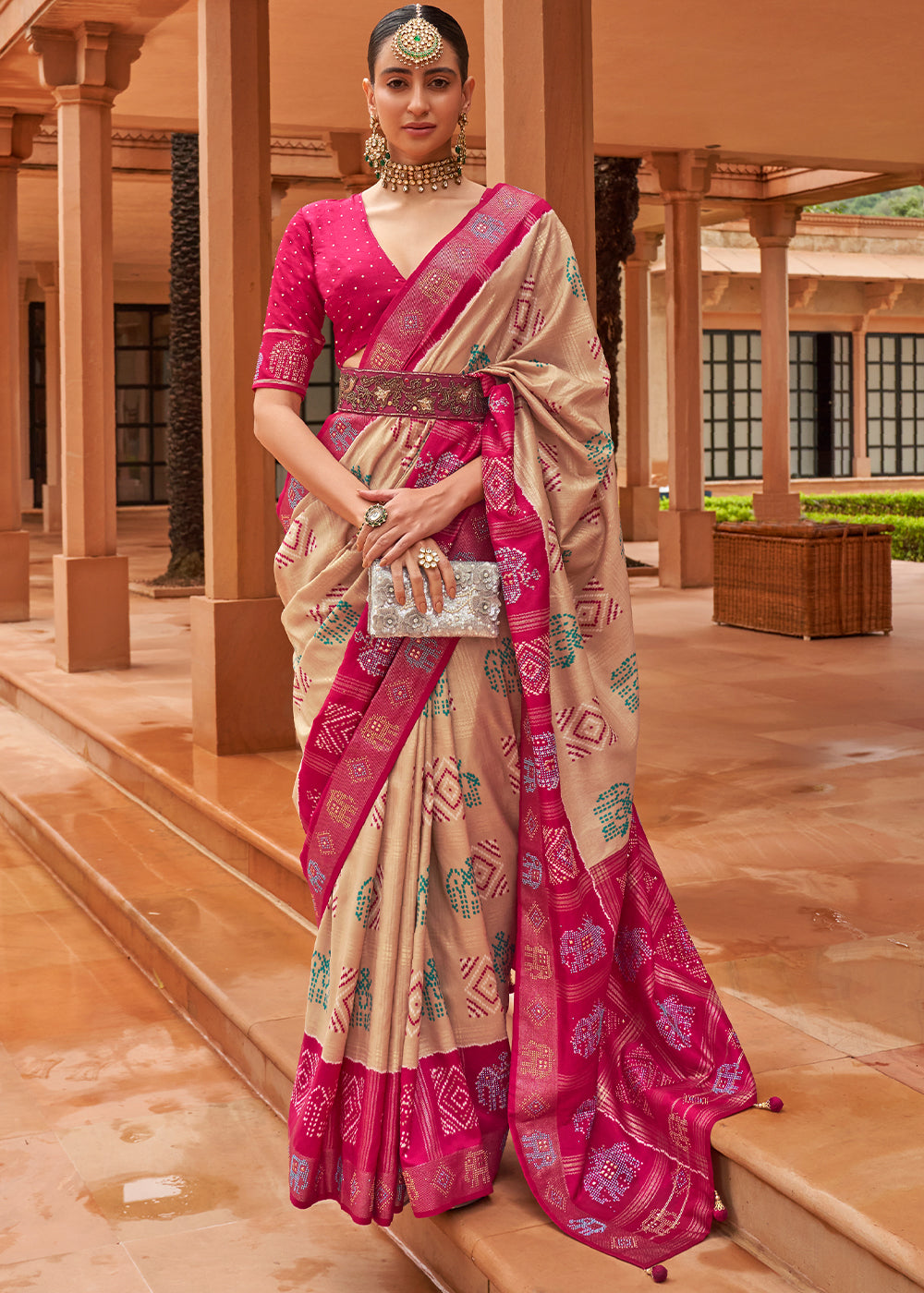 Light Brown & Pink Printed Patola Silk Saree with Swaroski Work