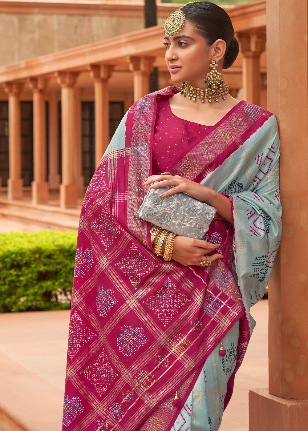 Blue & Pink Printed Patola Silk Saree with Swaroski Work