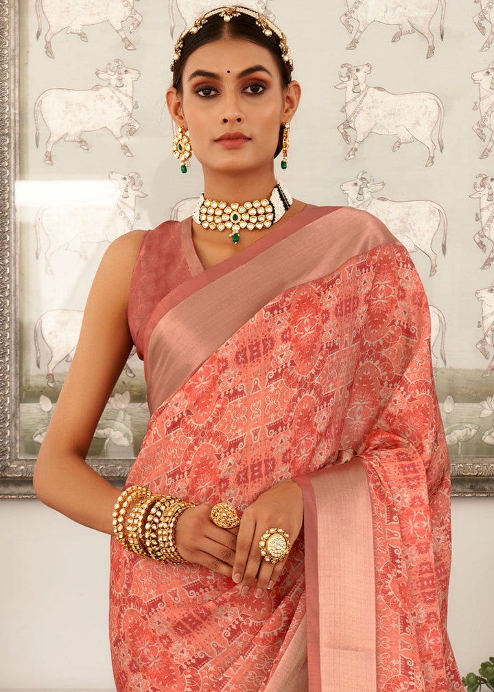 Brick Pink Digital Printed Dola Silk Saree