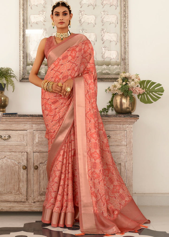 Brick Pink Digital Printed Dola Silk Saree