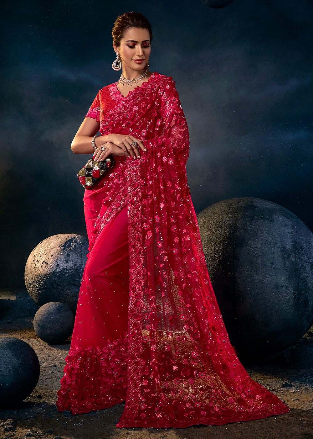 Ruby Red Digital Net Saree with Thread,Sequence, Zarkan, Moti & All Over Flower Applique work