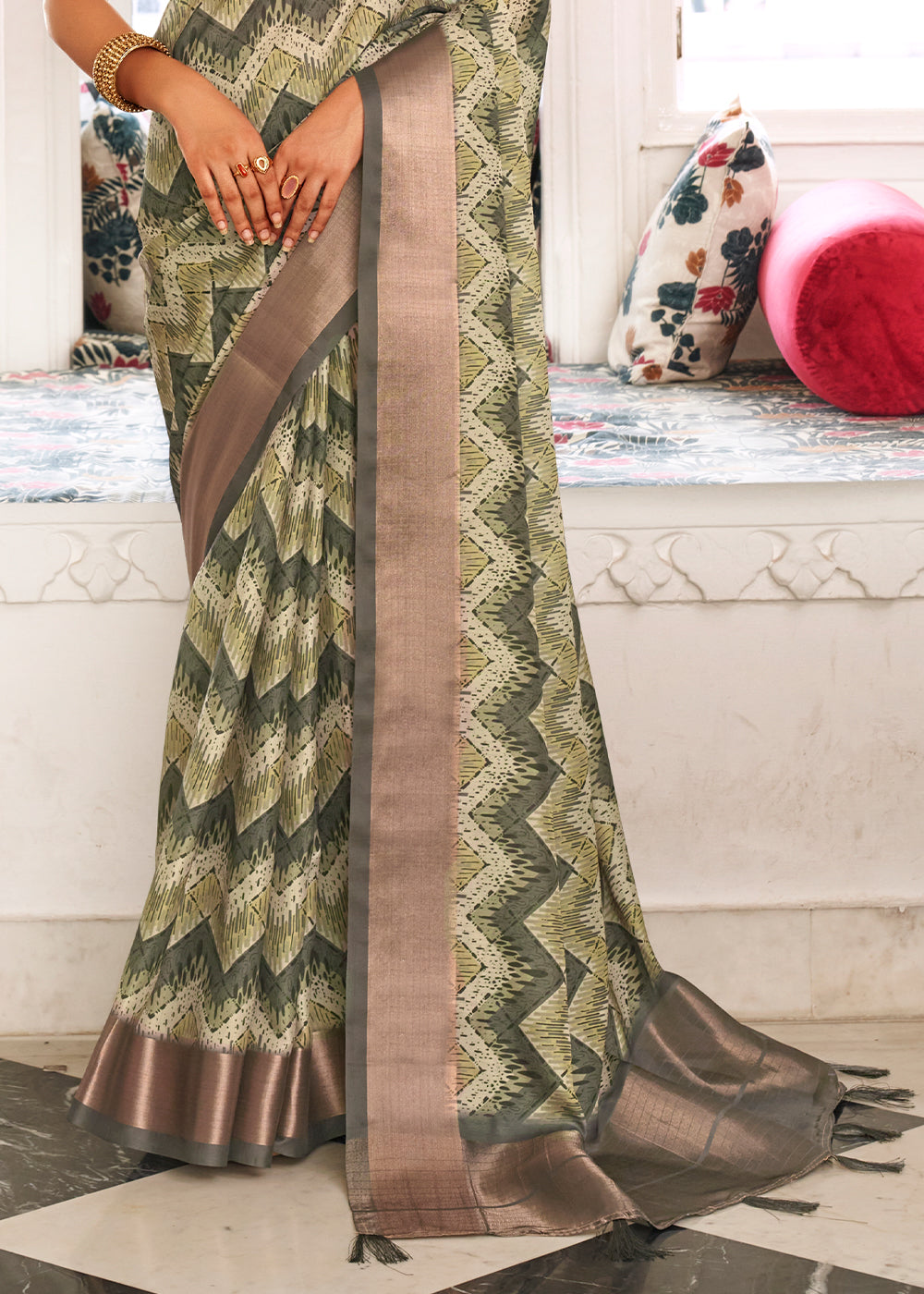 Shades Of Green Digital Printed Dola Silk Saree