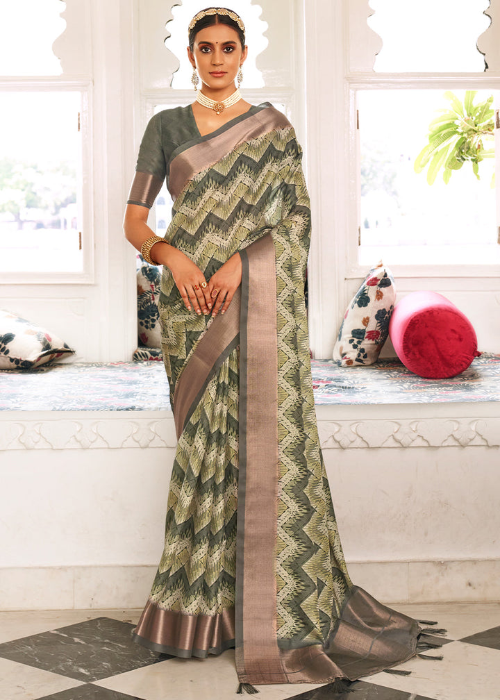 Shades Of Green Digital Printed Dola Silk Saree