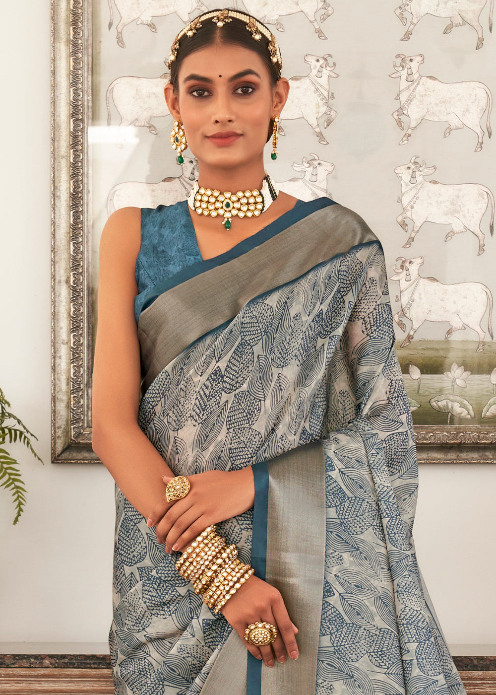 Shades Of Blue Digital Printed Dola Silk Saree