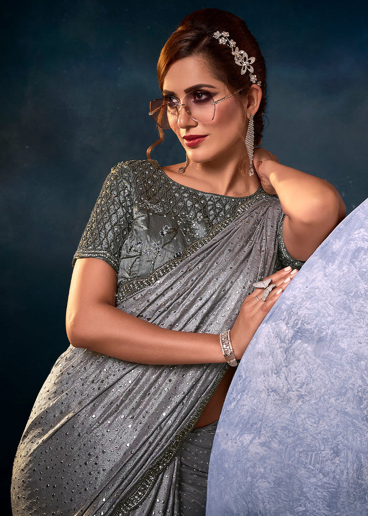 Iron Grey Designer Imported Fabric Saree with Cut Dana ,Moti, Zarkan & Crystal work