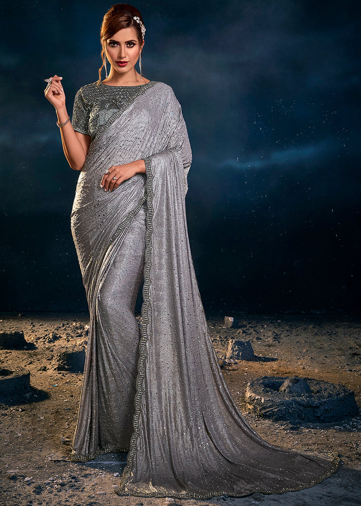 Iron Grey Designer Imported Fabric Saree with Cut Dana ,Moti, Zarkan & Crystal work