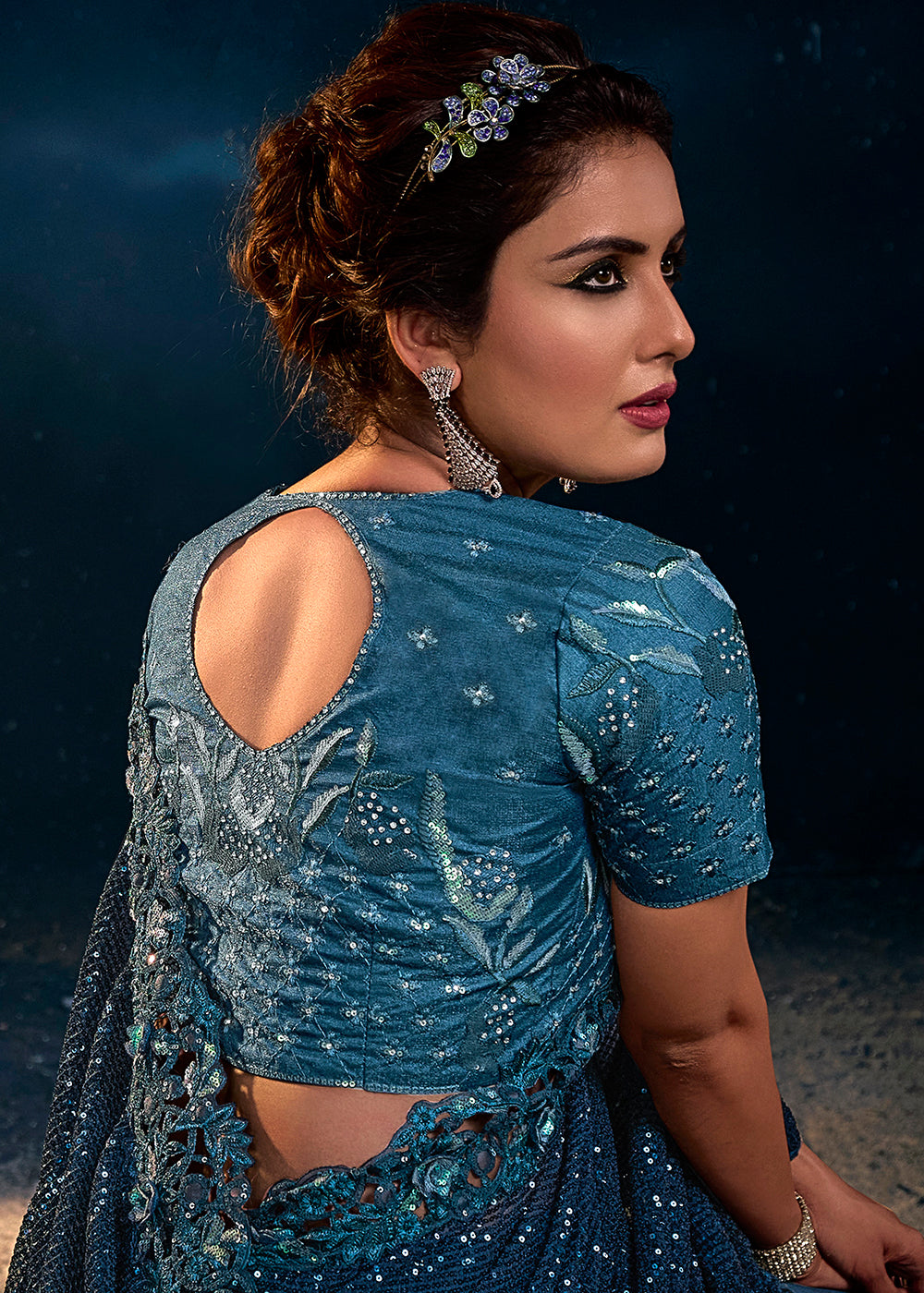 Turkish Blue Designer Net Saree with Thread,Sequence,Moti,Zarkan work & Imported Fabric Sequence Pallu