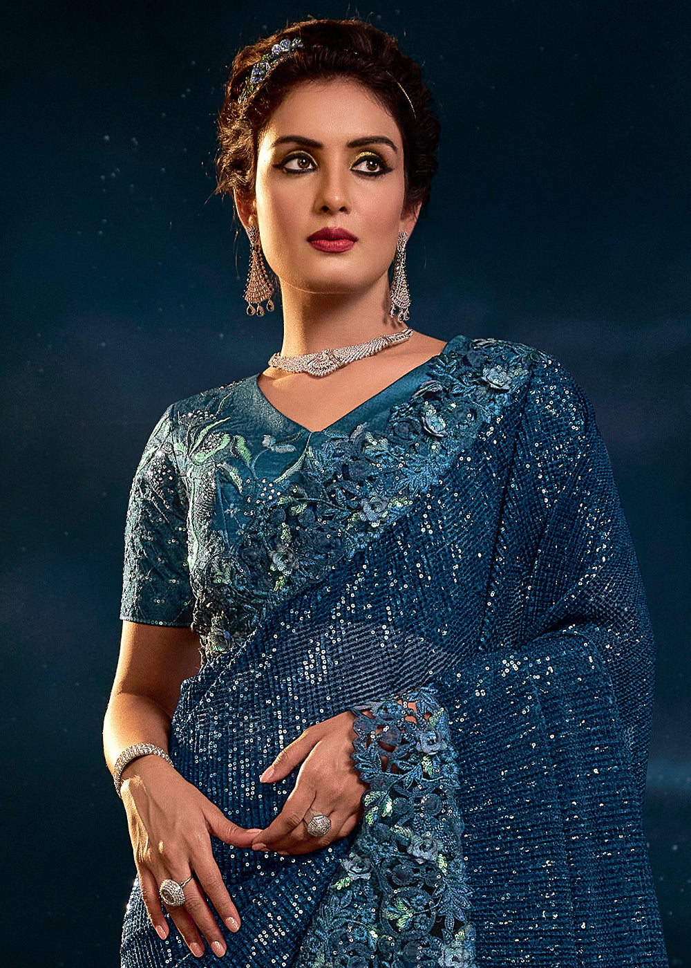 Turkish Blue Designer Net Saree with Thread,Sequence,Moti,Zarkan work & Imported Fabric Sequence Pallu