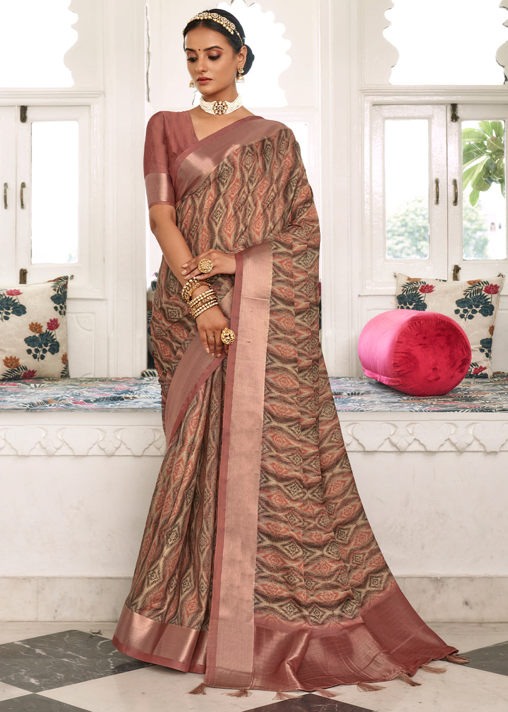 Shades Of Brown Digital Printed Dola Silk Saree