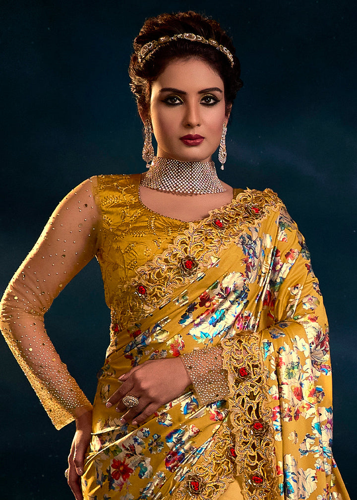 Mustard Yellow Designer Net Saree with Thread,Crystal,Mirror,Zarkan work & Imported Fabric Digital Print Pallu