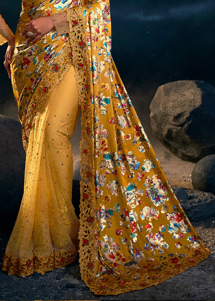 Mustard Yellow Designer Net Saree with Thread,Crystal,Mirror,Zarkan work & Imported Fabric Digital Print Pallu