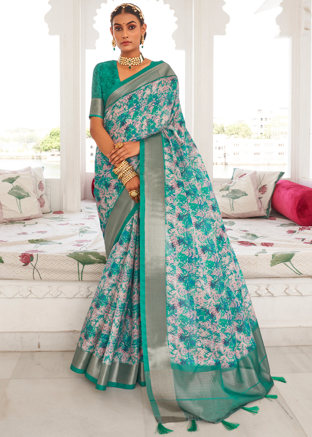 Dynasty Green Digital Printed Dola Silk Saree