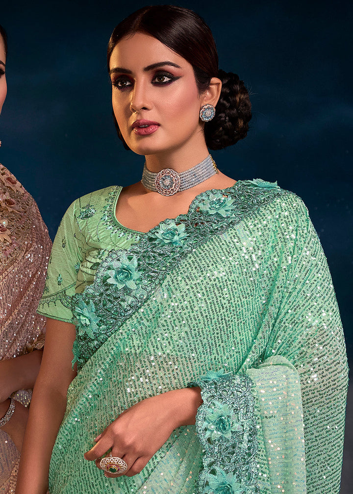 Sea Green Designer Imported Fabric Sequence Saree with Mirror, Zari, Diamond & Sequence Flower Applique work