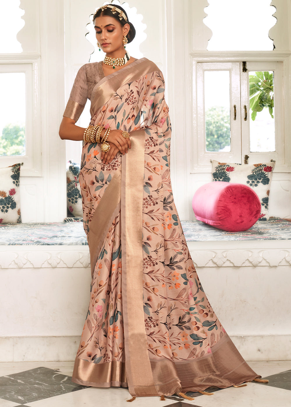 Beige Brown Digital Printed Dola Silk Saree