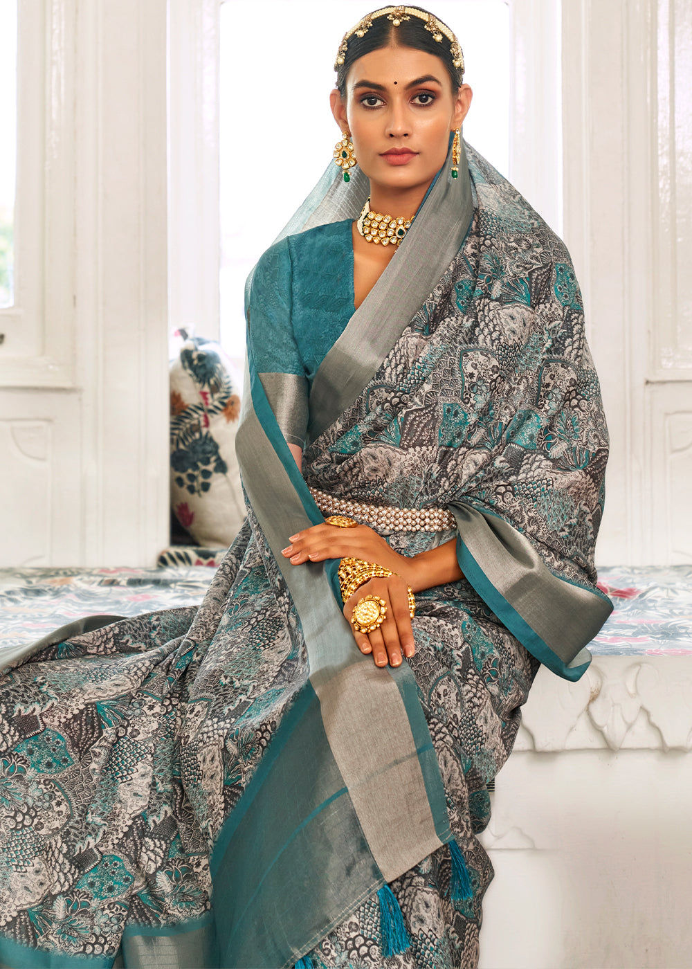 Star Command Blue Digital Printed Dola Silk Saree