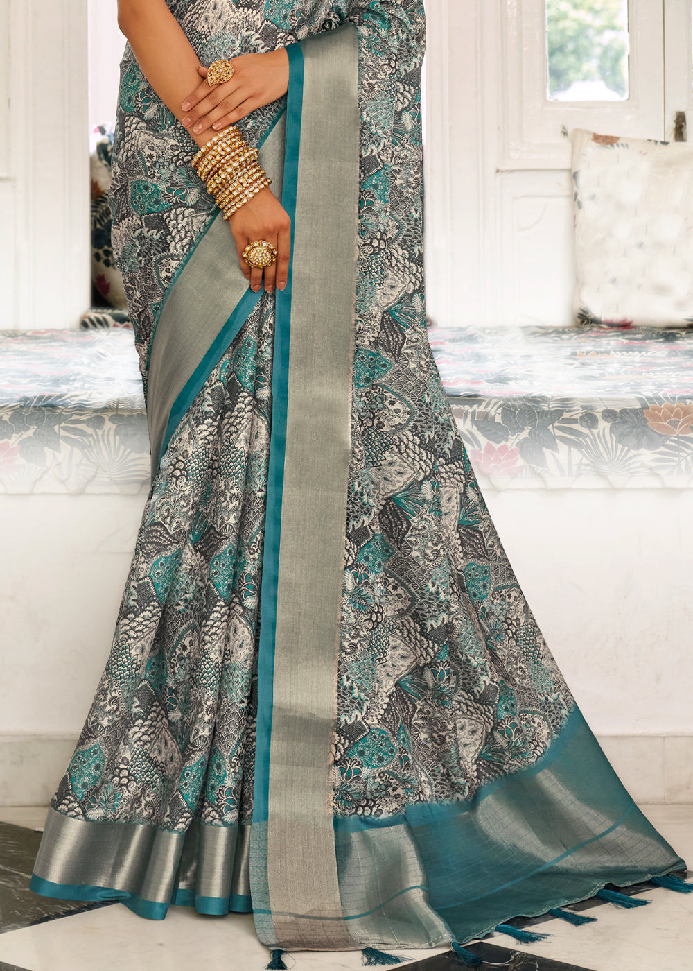 Star Command Blue Digital Printed Dola Silk Saree